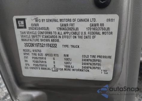 2002 Chevrolet Silverado 1500 Lt from USA, damaged, VIN 2GCEK19T521174222